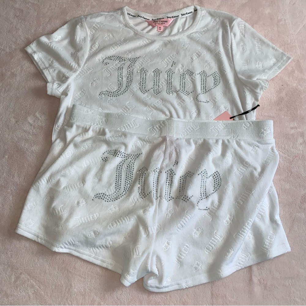 Juicy couture white embossed shorts tee pajamas set size xl new